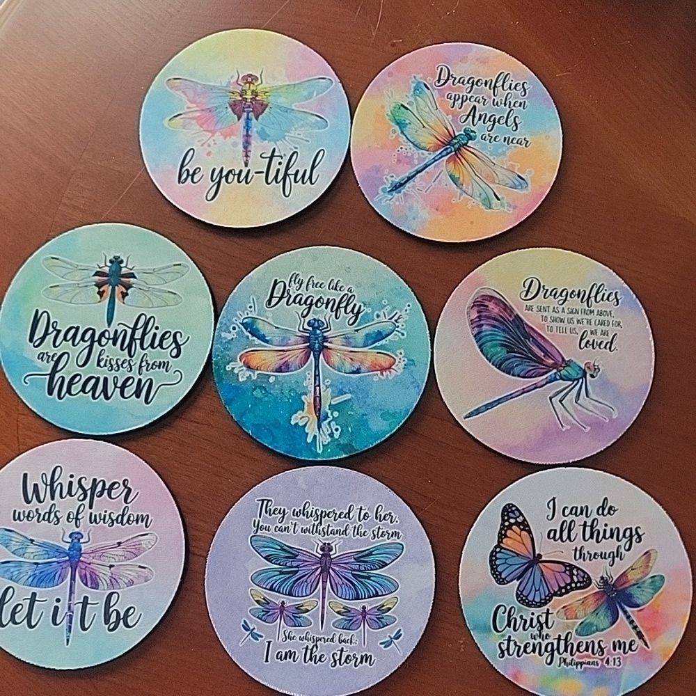 Set a 4 Handcrafted Dragonfly Inspirational Coasters - NWOT